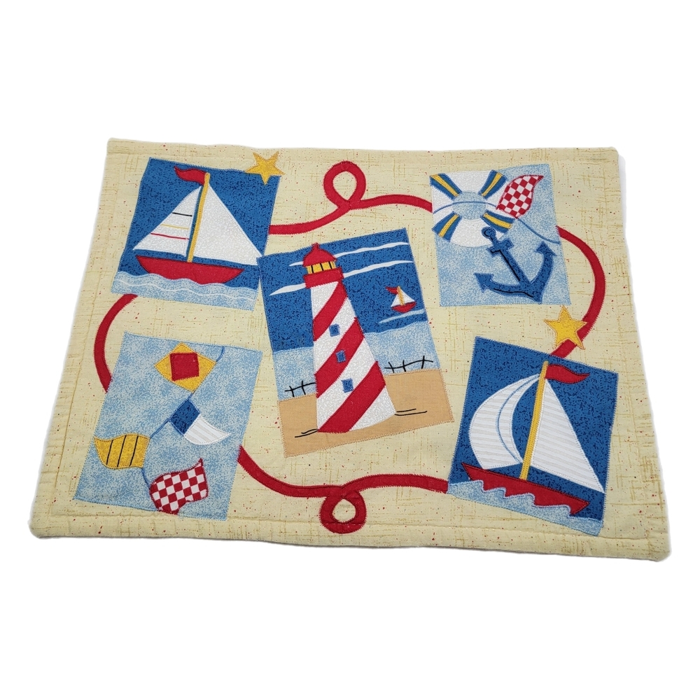6 Cloth Quilted  Nautical Placemats Lighthouse Anchor Flag 12"x16 Yellow